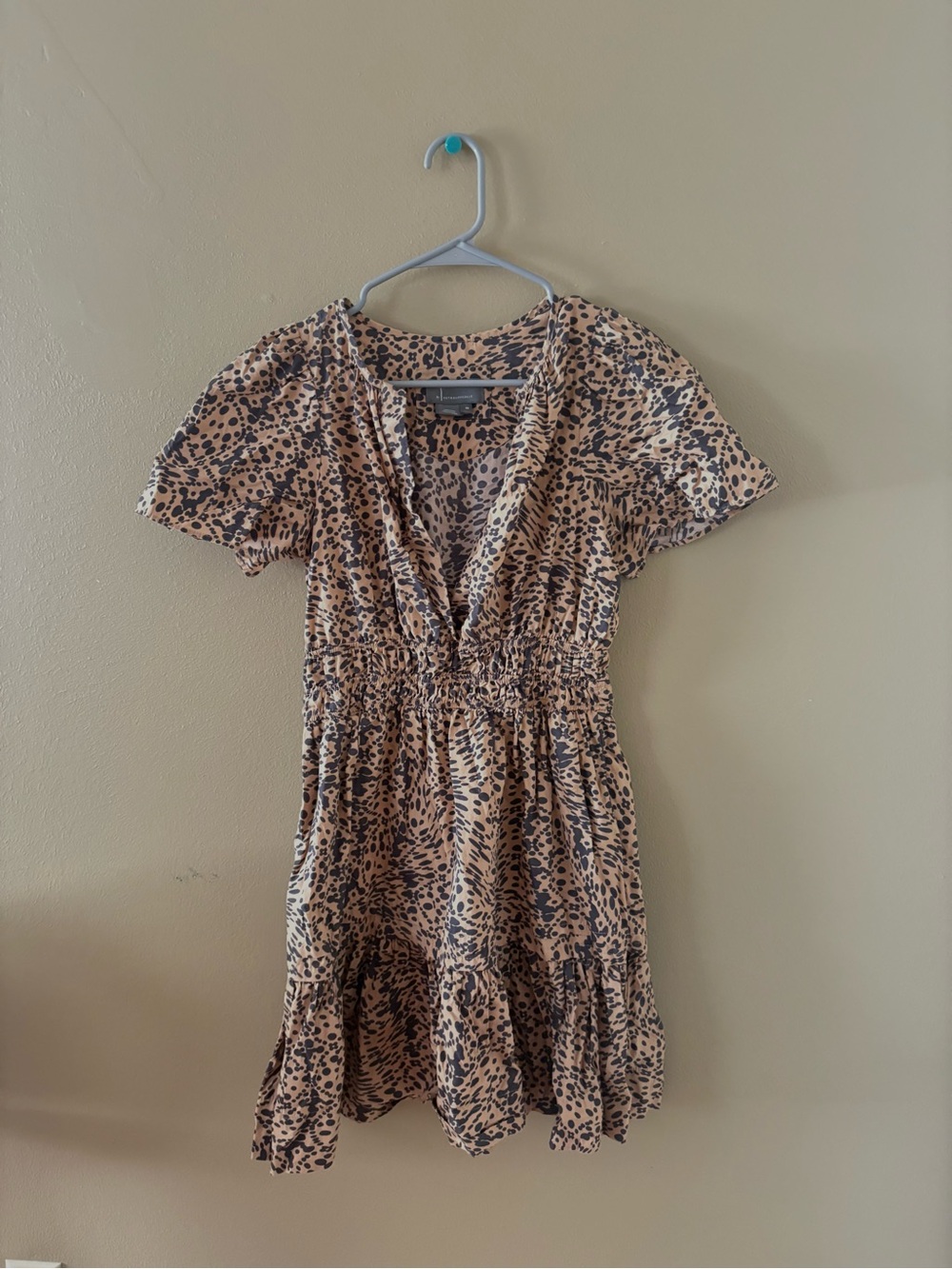 Anthropologie Somerset Smocked Babydoll Mini Dress Cheetah Animal Print Cotton